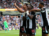 Newcastle United's Jacob Murphy (l), Allan Saint-Maximin and Callum Wilson (r) celebrate after Wilson scored their 2nd goal  during the Prem...