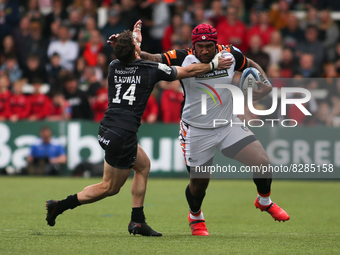  Leicester Tiger's Nemani Nadolo hands off Newcastle Falcon's Adam Radwan  during the Gallagher Premiership match between Newcastle Falcons...