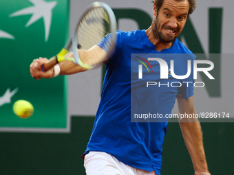 Richard Gasquet during his match against Lloyd Harris on Suzanne Lenglen court in the 2022 French Open finals day two, in Paris, France, on...