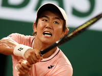 Yoshihito Nishioka during his match against Novak Djokovic on Philipe Chartier court in the 2022 French Open finals day two, in Paris, Franc...