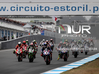 Riders compete during the Race 2 of the FIM Superbike World Championship Estoril Round at the Circuito Estoril in Cascais, Portugal on May 2...