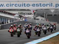 Riders compete during the Race 2 of the FIM Superbike World Championship Estoril Round at the Circuito Estoril in Cascais, Portugal on May 2...