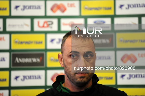 Bulgarian's coach Ivailo Petev holds pressconference at the training base in the town of Pravets, some 55 km from Sofia on October 05.2015,...