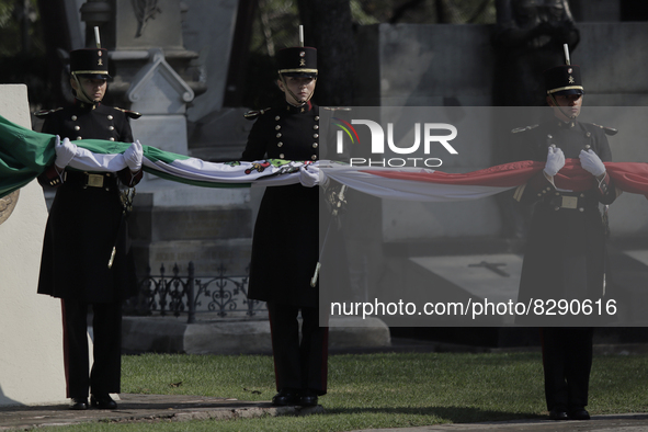 Elements of the Mexican army unroll the flag inside the Dolores Cemetery and the Rotunda of Illustrious Persons in Mexico City, prior to the...