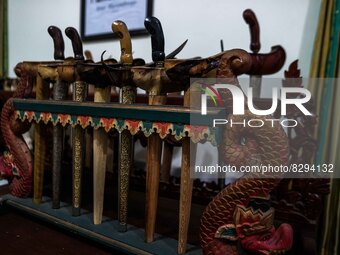 Javanese Keris daggers made by Ki Empu Sungkowo Harumbrodjo, 68, are seen at his house on May 20, 2022, in Sleman District, Yogyakarta, Indo...