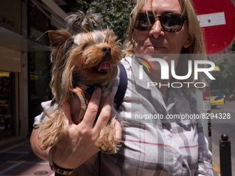 A woman holding her dog near Syntagma square in the center of Athens, Greece on May 25, 2022. (