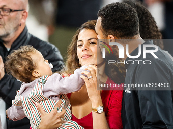 Jo-Wilfried TSONGA of France with his wife Noura EL SHWEKH and his son during the Day three of Roland-Garros 2022, French Open 2022, Grand S...