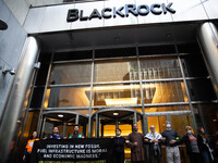 Fourteen demonstrators were arrested outside of BlackRock on May 25, 2022 after blockading the entrance during the corporation’s annual shar...