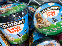 Ben&Jerry's ice cream packaging are seen in a supermarket in Krakow, Poland on May 24, 2022. (