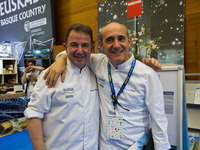 The chef Martin Berasategui (L) and Paco Perez (R) during the congress 'San Sebastian Gastronomika'  in San Sebastian on 6 October 2015. 
Sa...