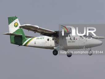 A Tara Air airline De Havilland Canada DHC-6-300 Twin Otter aircraft as seen flying and landing at Tribhuvan International Airport KTM in Ka...