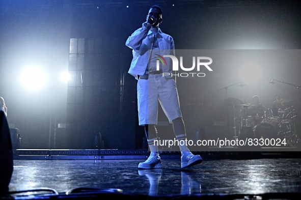 Mahmood singing on stage during the Italian singer Music Concert Mahmood - Ghettolimpo Tour 2022 on May 30, 2022 at the Alcatraz in Milan, I...