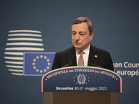 Mario Draghi Prime Minister of Italy talks at a press conference to the media after the end of the 2-day extraordinary special EU summit abo...