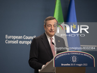 Mario Draghi Prime Minister of Italy talks at a press conference to the media after the end of the 2-day extraordinary special EU summit abo...