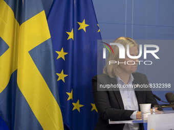 Magdalena Andersson Prime Minister of Sweden talks at a press conference to the media after the end of the 2-day extraordinary special EU su...