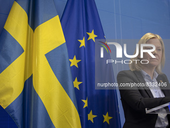 Magdalena Andersson Prime Minister of Sweden talks at a press conference to the media after the end of the 2-day extraordinary special EU su...