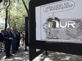 Ambassador of Argentina in Mexico Carlos Tomada takes a tour during the exhibition 'The World of  Quino' in homage to the Argentine cartooni...