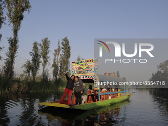 Panoramic view of Lake Los Reyes in Tláhuac, Mexico City, where a group of people took part in a trajinera ride to commemorate World Environ...
