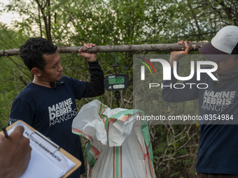 Environmental activists weighed samples of plastic waste taken from Palu Bay Beach, Central Sulawesi Province, Indonesia on June 5, 2022.  T...