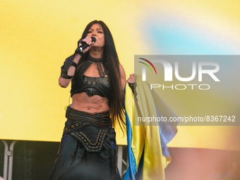 Ukrainian singer Ruslana sings during the Benefit concert held in support of the Ukrain people who affected by the war in Kennedy square in...