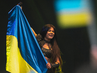 Ukrainian singer Ruslana sings during the Benefit concert held in support of the Ukrain people who affected by the war in Kennedy square in...