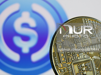 Representation of cryptocurrency and USD Coin logo displayed on a screen in the background are seen in this illustration photo taken in Krak...