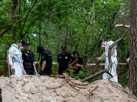 An excavation team and police works in a forest near Bucha, Ukraine to excavate bodies of Ukrainian civilians murdered by Russian army  - Ju...