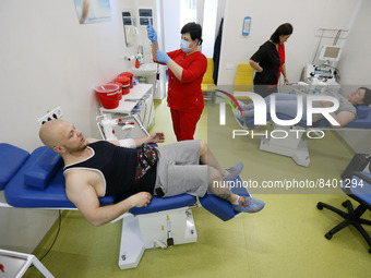 Ukrainians donate blood during the World Blood Donor Day (WBDD), amid Russia's invasion of Ukraine, at a transfusiology department in Odesa,...