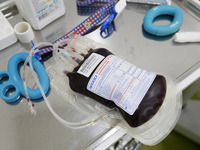 A blood container is seen during the World Blood Donor Day (WBDD), at a transfusiology department in Odesa, Ukraine 14 June 2022. World Bloo...