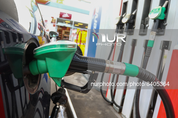 A fuel pump is seen while car is refueling at a petrol station in Krakow, Poland on June 15, 2022. 