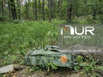 Remains of a box of explosives of the russian army in a forest of Buda Babynetska, near Kyiv. Russian troops occupied large extensions aroun...