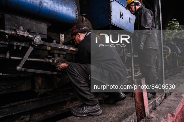 The steam engines of UNESCO World Heritage Site Darjeeling Himalayan Railway ''toy train''-s at the Darjeeling loco shed preparing for the e...