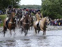 Selkirk, UK. 17.Jun.2022.  Selkirk Common Riding 2022. Friday.Riders, young and old,, ford the River Ettrick on the first crossing, headin...