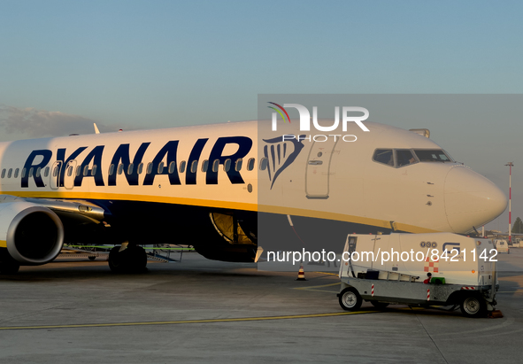 People board in the Ryanair FR4716 at Brindisi Airport, also known as Brindisi Papola Casale Airport and Salento Airport, in Brindisi, Italy...