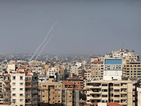 Rockets are launched by Palestinian Islamic Jihad militants into the sea during a drill, in Gaza City June 20, 2022.  (