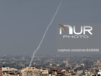 Rockets are launched by Palestinian Islamic Jihad militants into the sea during a drill, in Gaza City June 20, 2022.  (