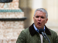 Colombian president Ivan Duque gives a speach to the media during the voting rally for the presidential runoffs between left-wing Gustavo Pe...