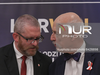 Grzegorz Braun (L), a Polish right wing politician and the leader of the Confederation political partyseen with Janusz Korwin-Mikke (R), the...