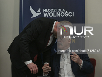 Grzegorz Braun, a Polish right wing politician and the leader of the Confederation political partyseen with Janusz Korwin-Mikke, the chairma...