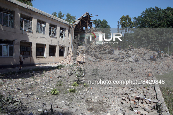 LIUBOTYN, UKRAINE - JUNE 20, 2022 - The consequences of a Russian missile attack on the Liubotyn Railway Transport Lyceum which hosted a hum...