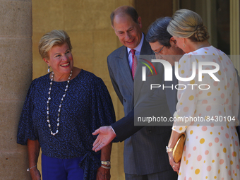 Cyprus President Nicos Anastasiades, second right, and his wife Antri, first on the left, receive Britain's Prince Edward and Sophie, Counte...