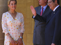 Cypriot President Nikos Anastasiades, first from right, receives British Prince Edward and Sophie, Countess of Wessex at the Presidential Pa...