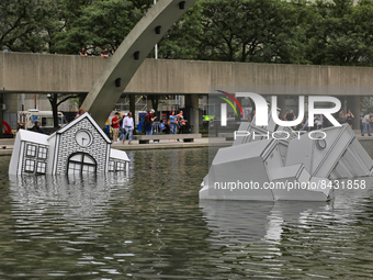 Art installation entitled 'Over Floe' by Toronto artist John Notten floating in the water at Nathan Phillips Square in downtown Toronto, Ont...