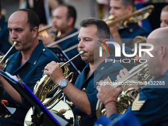 The Greek Airforce band is playing music at Monastiraki square due to the World Music Day in Athens, Greece on June 21, 2022. (