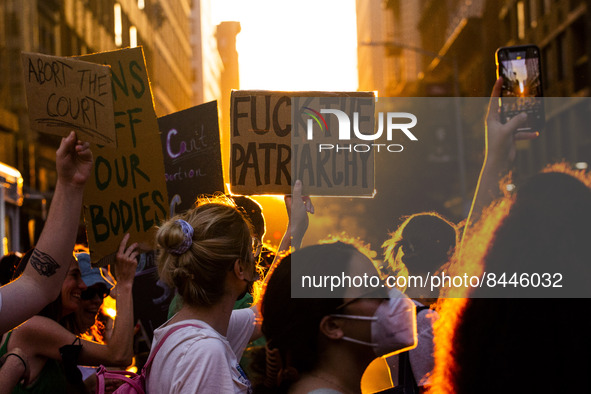 Protestors march during a protest against the Supreme Courts decision to overturn Roe V. Wade on Friday June 24, 2022 in New York, NY. The c...