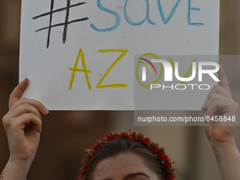 A protester holds a placard with words 'Save Azov'.Members of the local Ukrainian diaspora, war refugees, peace activists, volunteers and l...