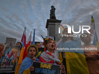 Members of the local Ukrainian diaspora, war refugees, peace activists, volunteers and local supporters during the 'Be Brave Like Azovstal H...