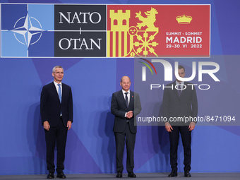 NATO Secretary General Jens Stoltenberg, Chancellor of Germany Olaf Scholz and Prime Minister of Spain Pedro Sanchez during the  welcome cer...
