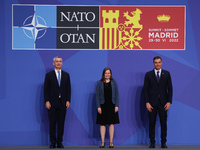 NATO Secretary General Jens Stoltenberg, Prime Minister of Iceland Katrin Jakobsdottir and Prime Minister of Spain Pedro Sanchez during the...