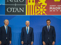 Secretary General of NATO, Jens Stoltenberg, left, the president of the United States of America, Joe Biden, center, and the President of Sp...